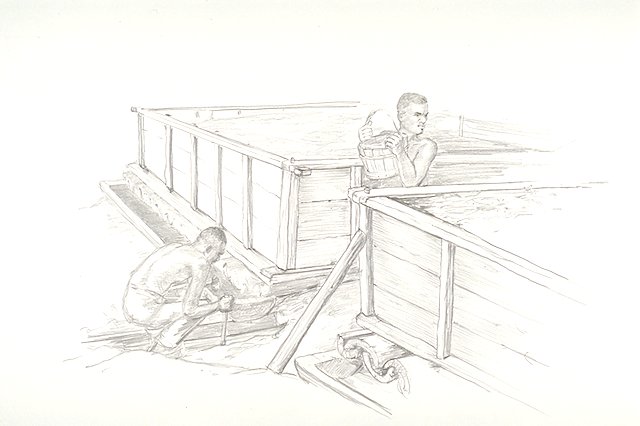 Two men with a bucket and two large vats.