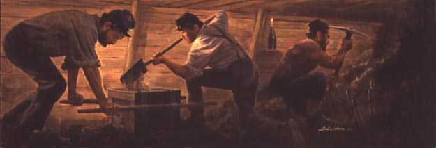 A depiction of mine digging at Petersburg, July 1864. The illustration shows miners digging inside the mine with a view of the mine tunnel with its shored up walls and maximum ceiling height of only five feet.