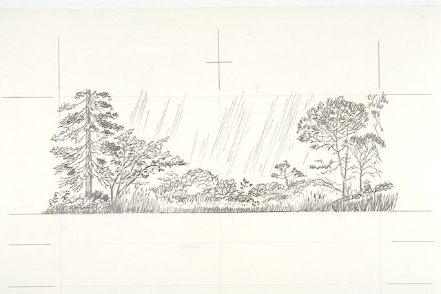Illustration of a Florida marsh with rain showers.