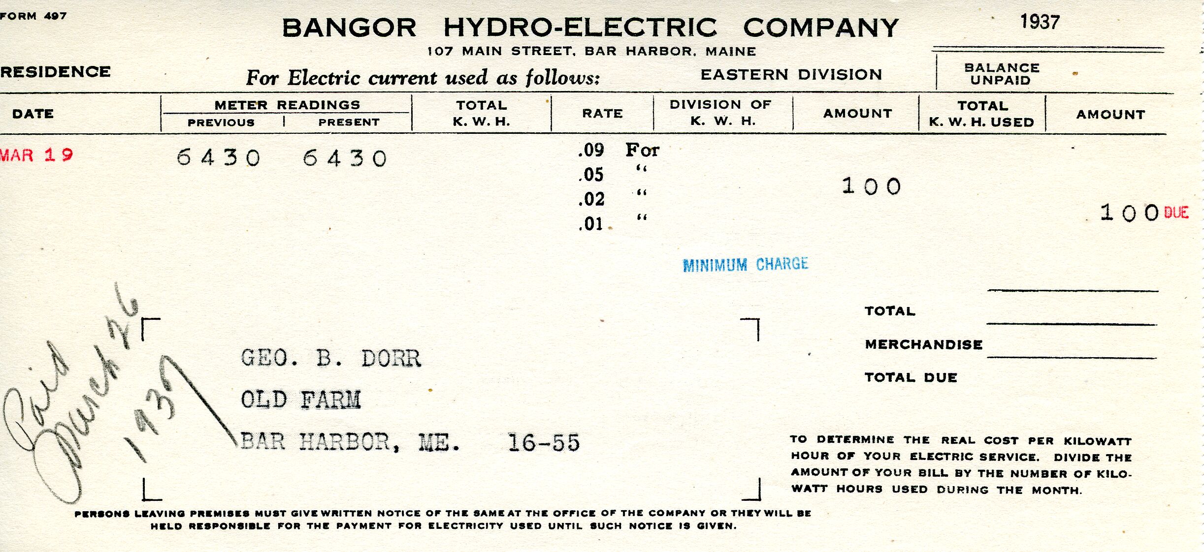 Receipt, BangorHydroElectric to Dorr, March 26, 1937.tif