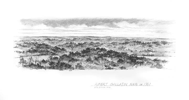 Scene depicts future site of Albert Gallatin's Home as it would have appeared in c1761.