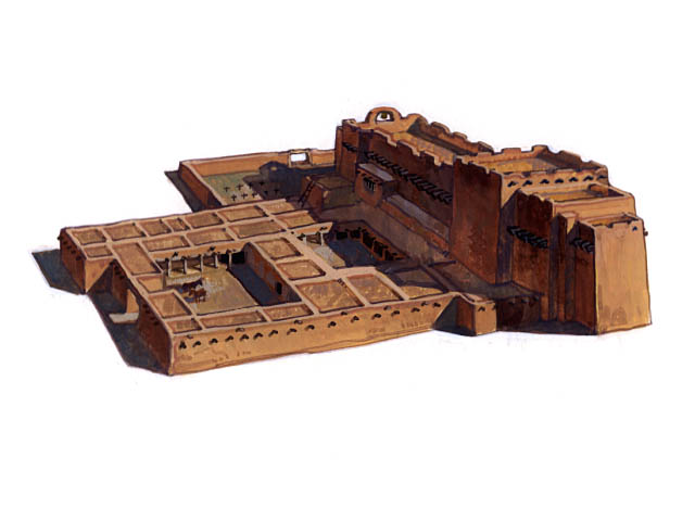 Illustration depicts the Abó Mission Complex (Mission of San Gregorio de Abó) as it would have appeared in the 1600s showing the church, convento (dormitory, workshops, and refractory), corral, and cemetery.