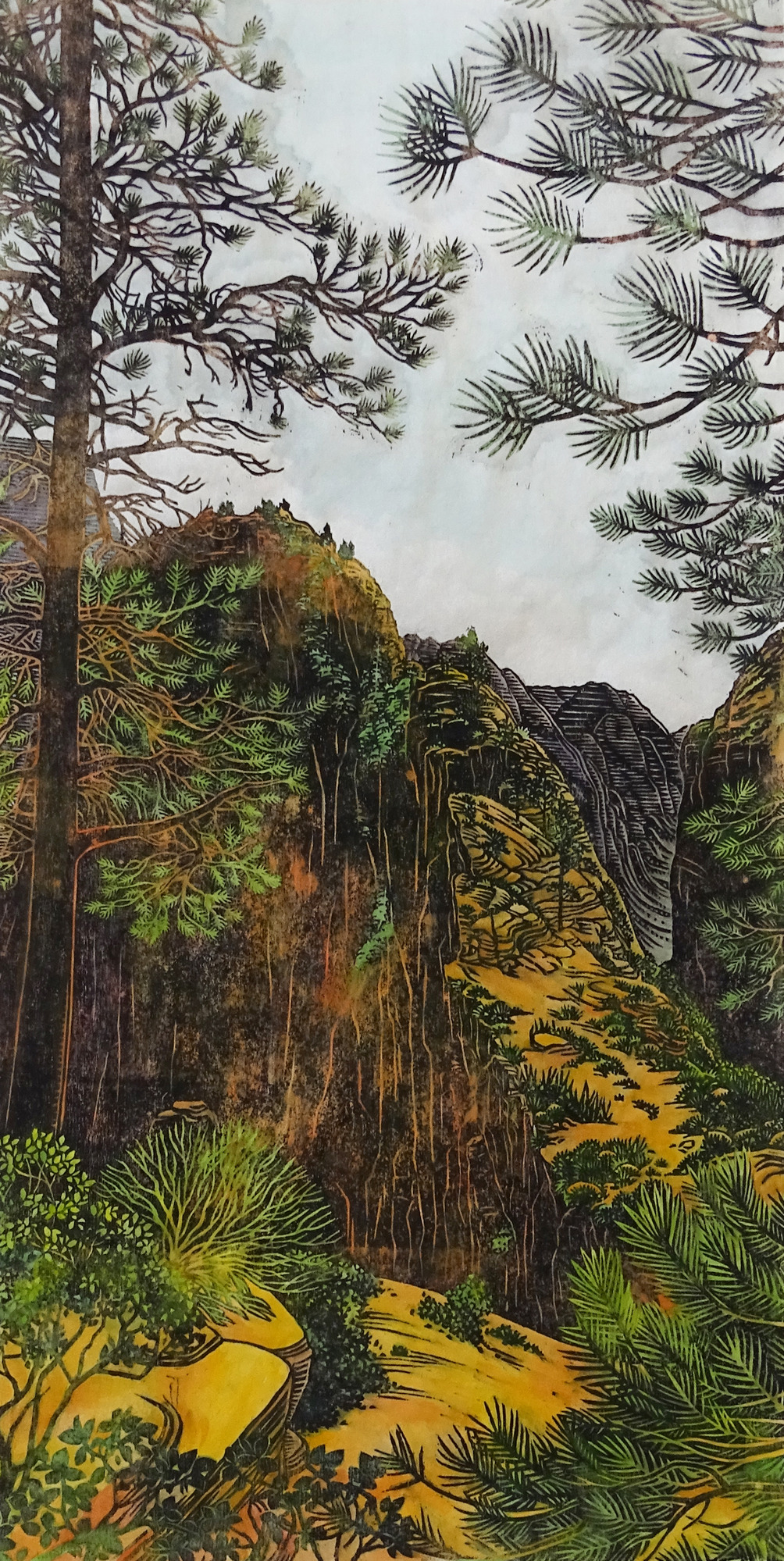 A colorful image made with ink on paper. In the middleground, tall yellow-orange sandstone cliffs stand above a canyon. In the very center of the image, a gold-colored trail follows a ridge up to Angels Landing (a tall peak). In the far background, gray cliffs rise under a pale blue sky. In the foreground, green trees and shrubs dot the yellow sandstone landscape.