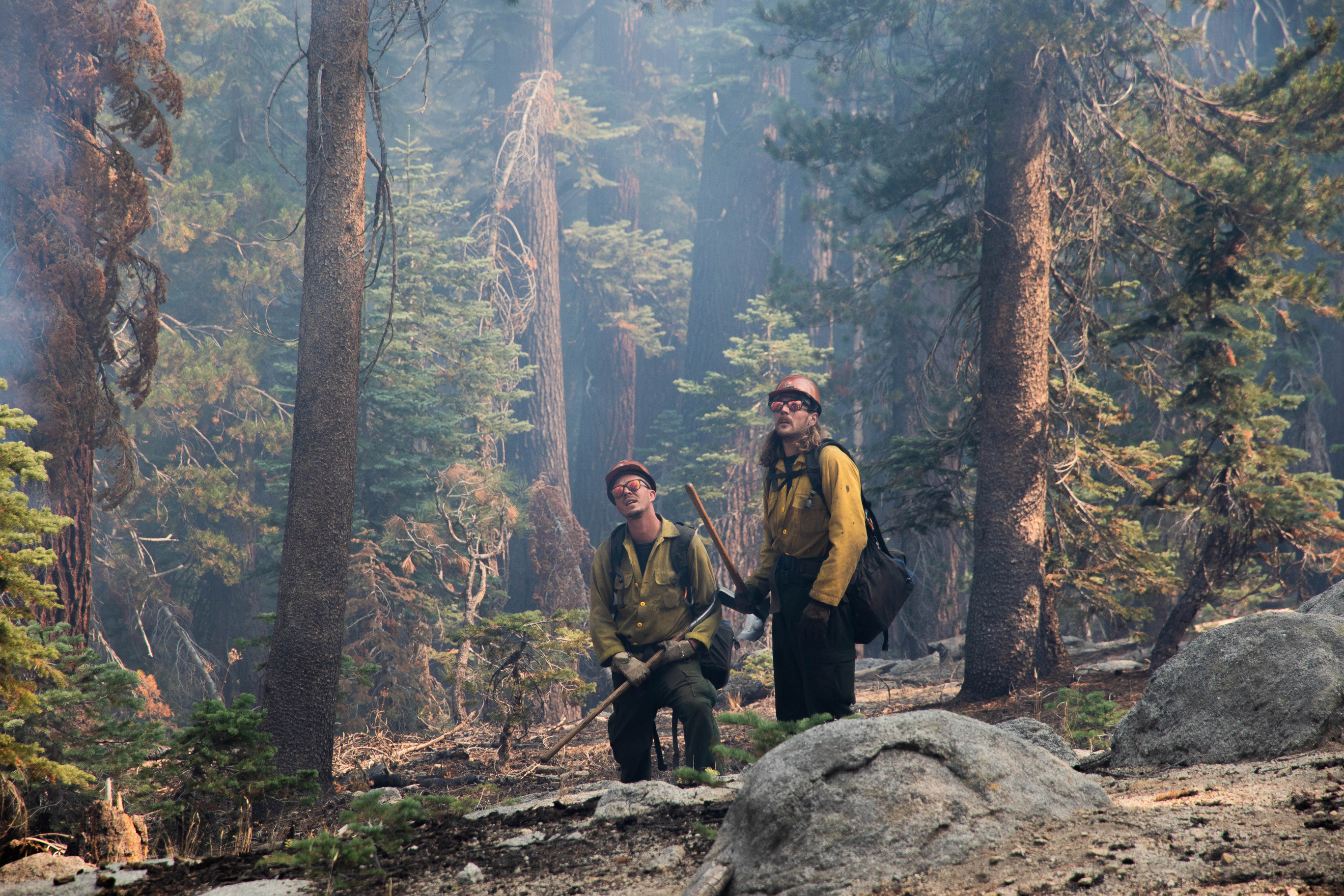 Wildland firefighters walk through wooded areas with smoke and fire around them