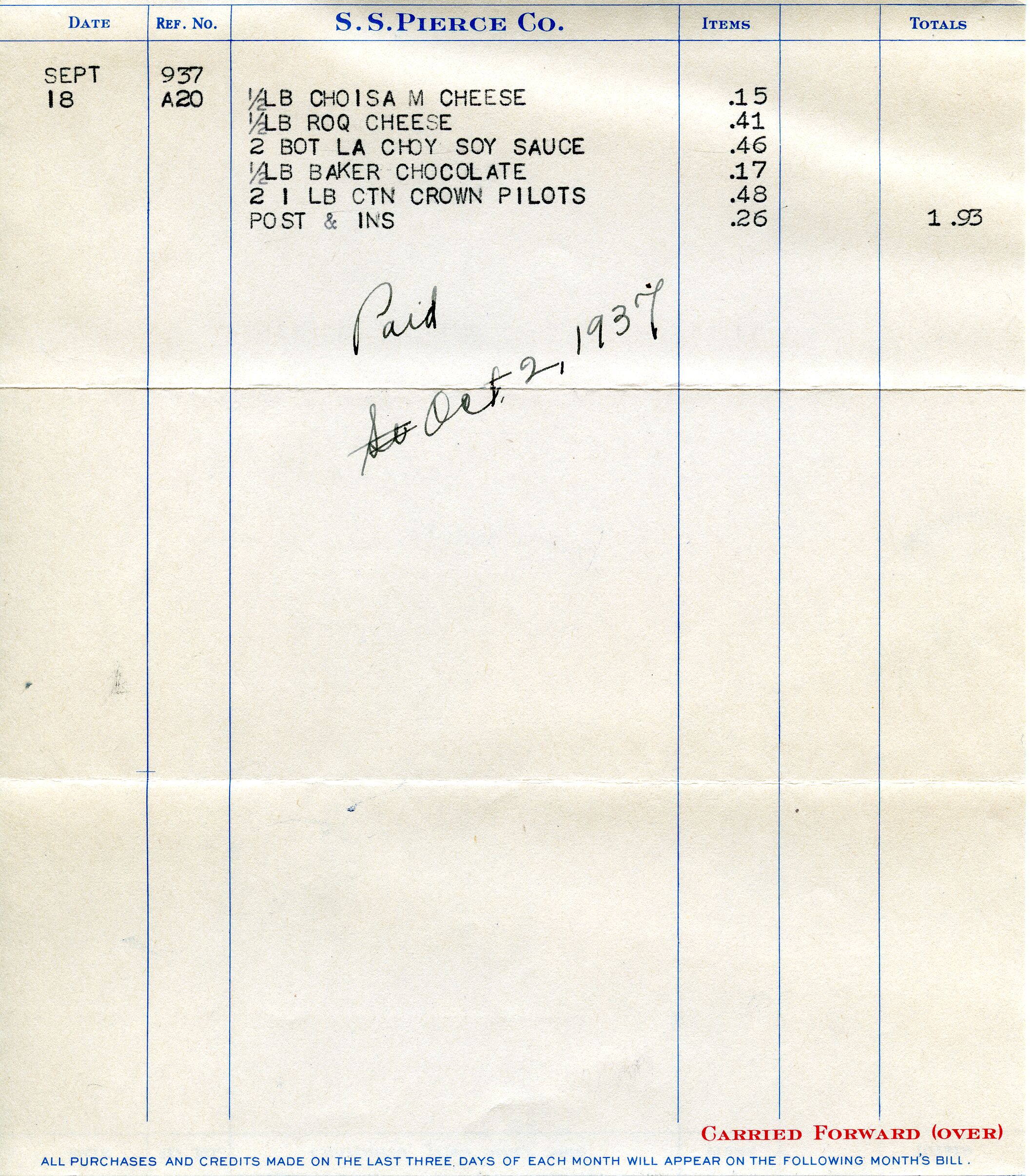 Receipt, S.S. Pierce to Dorr, October 2, 1937.tif