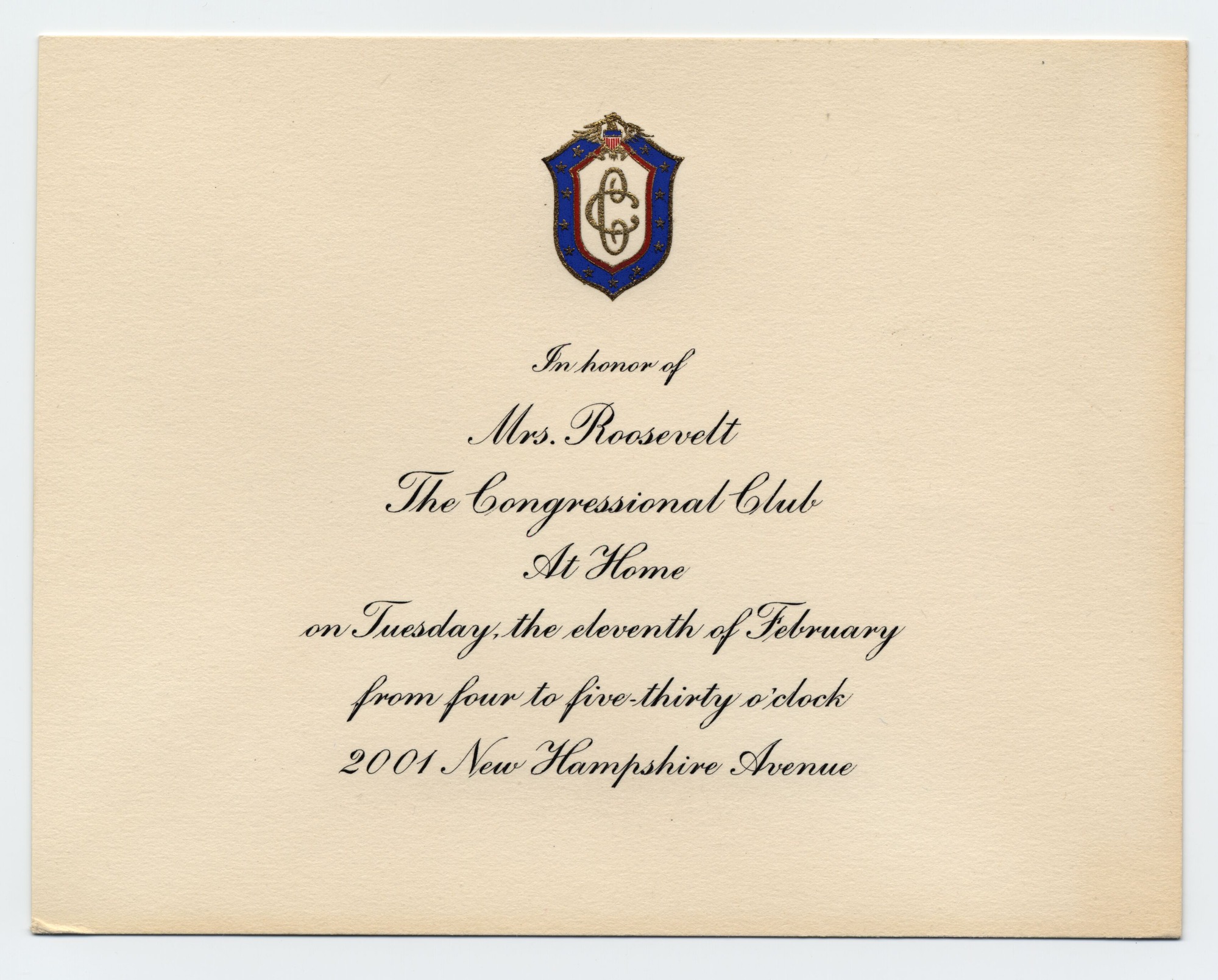 The invitation is printed on white cardstock with a blue and red embossed seal at the top.