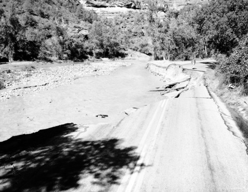Flood damage - section of valley road washed away in flood between Red Point and Temple of Sinawava.