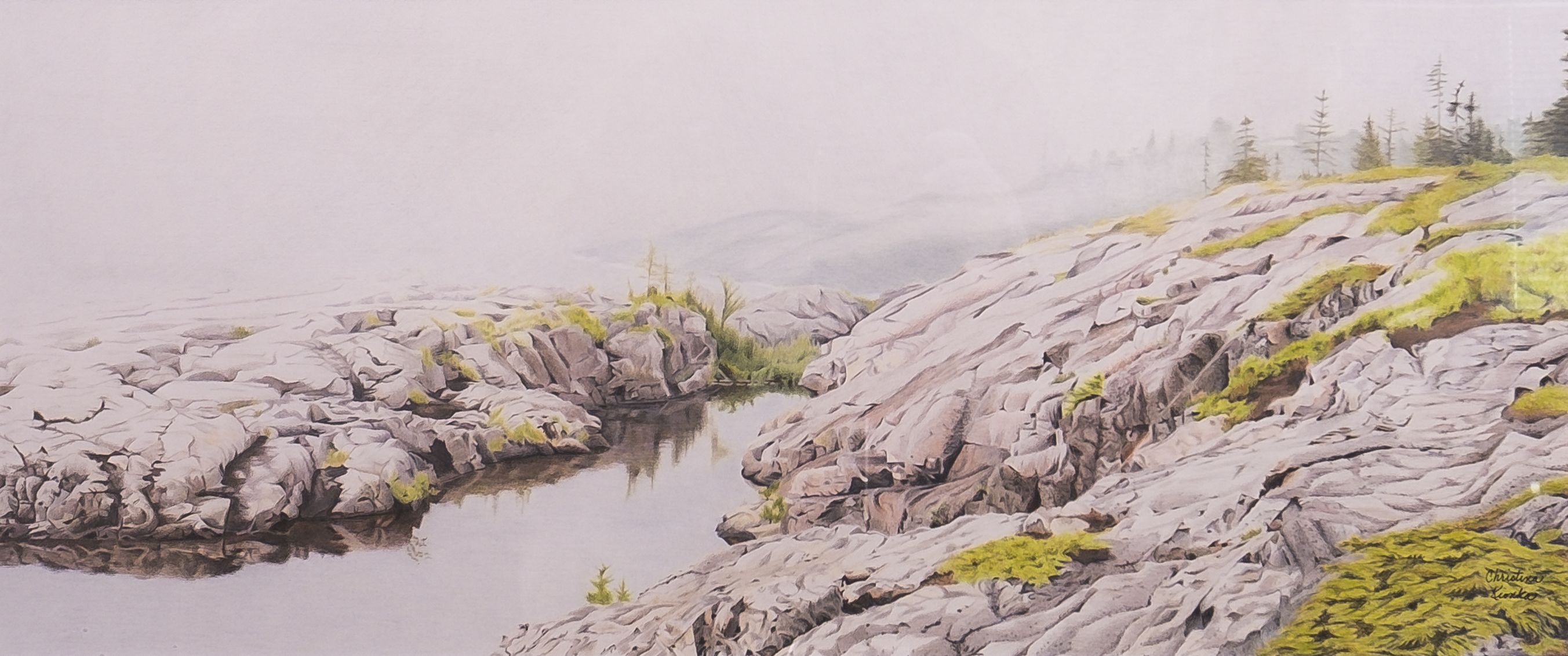 An artist's drawing shows a slope of bedrock with fog in the background and a small pool of water in the foreground