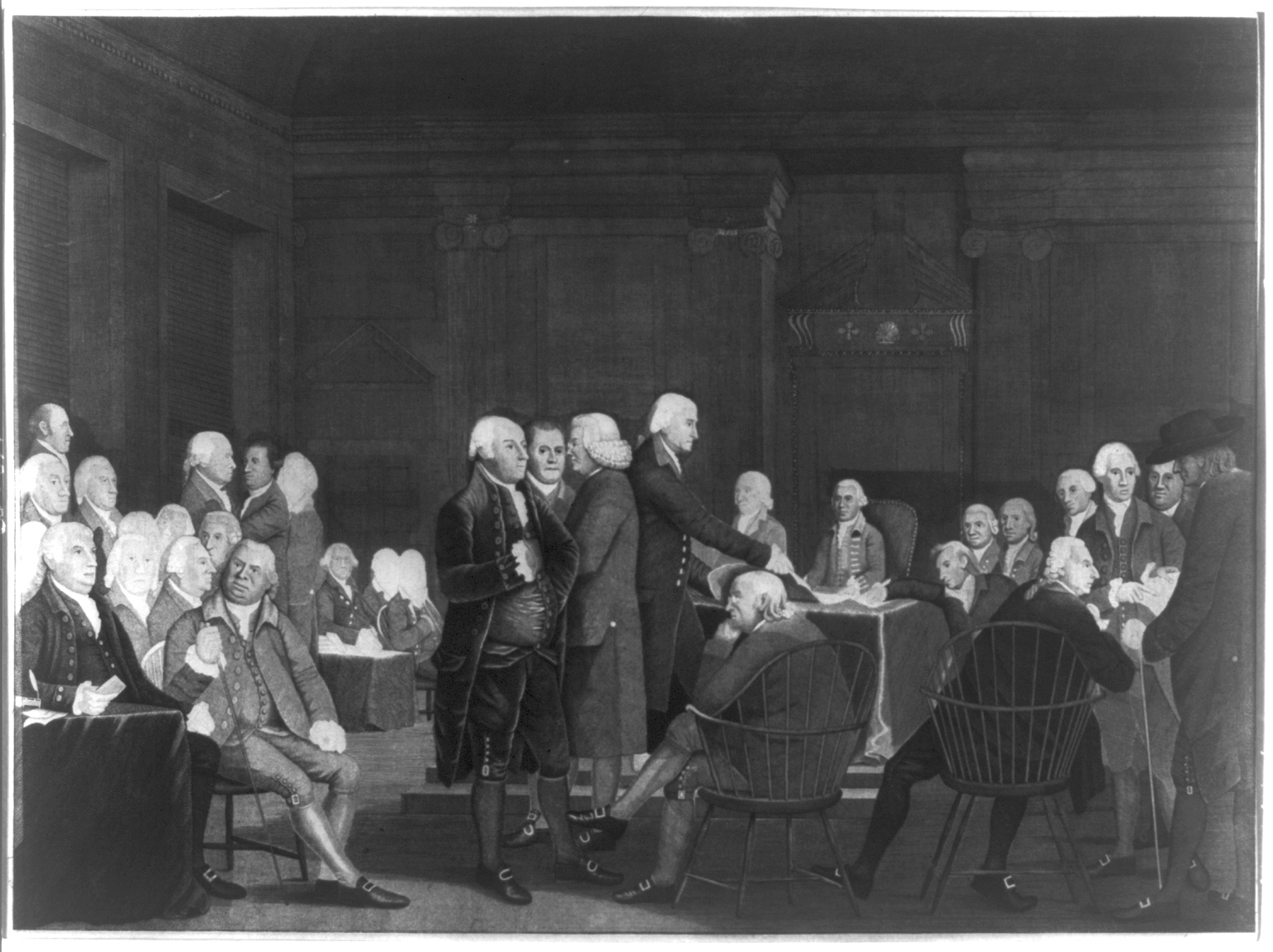 Black and white engraving showing about two dozen men in colonial attire grouped around tables and chairs in a meeting room.