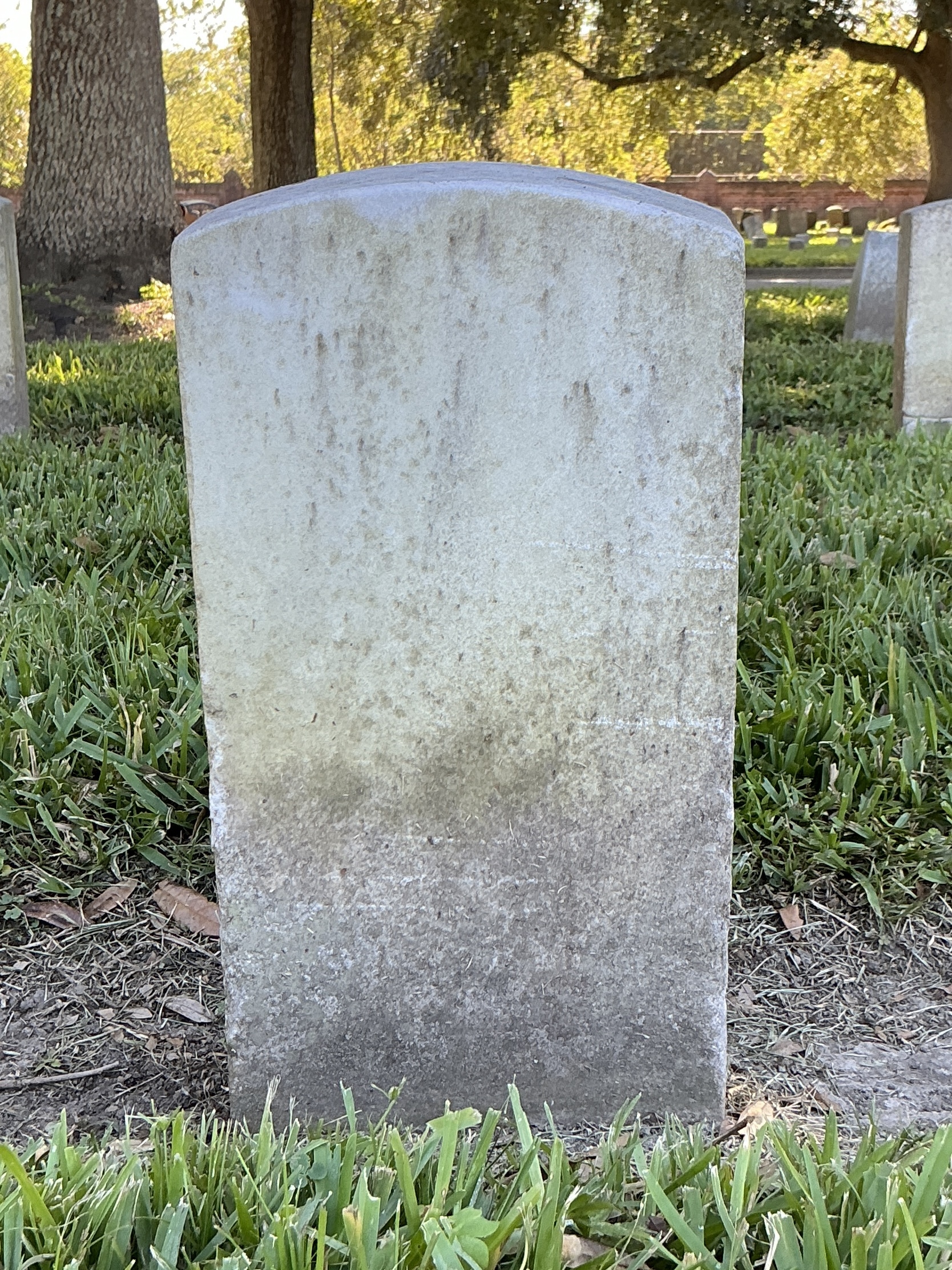 Back of historic upright marble headstone with recessed shield face.