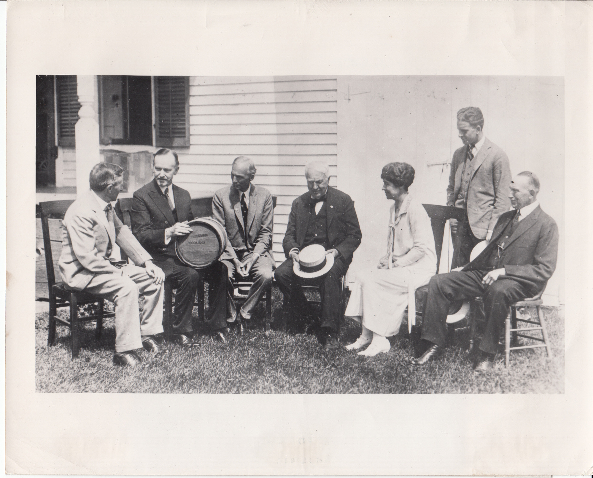 Harvey S. Firestone, President Calvin Coolidge, Henry Ford, Thomas Edison, Grace Coolidge, Russell A. Firestone, and John C. Coolidge visiting Coolidge Farm.