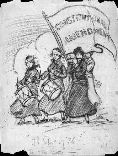 Drawing of women playing drums and fifes holding a flag that reads "Constitutional Amendment"