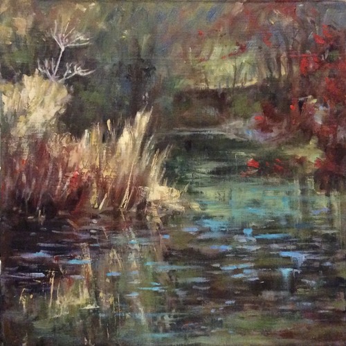 A painting of a pond with brush and trees around it.