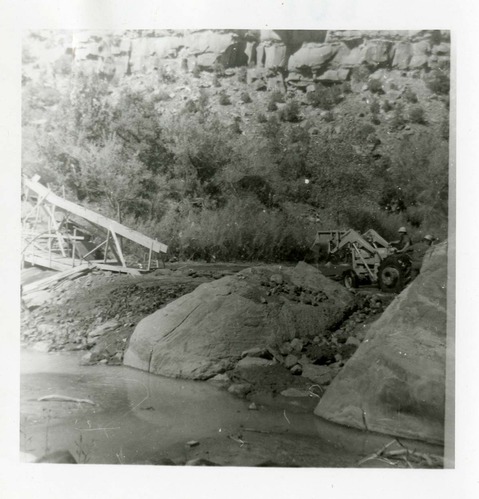BW photo of the construction/modification of the Canyon Junction Spillway on the Virgin River.