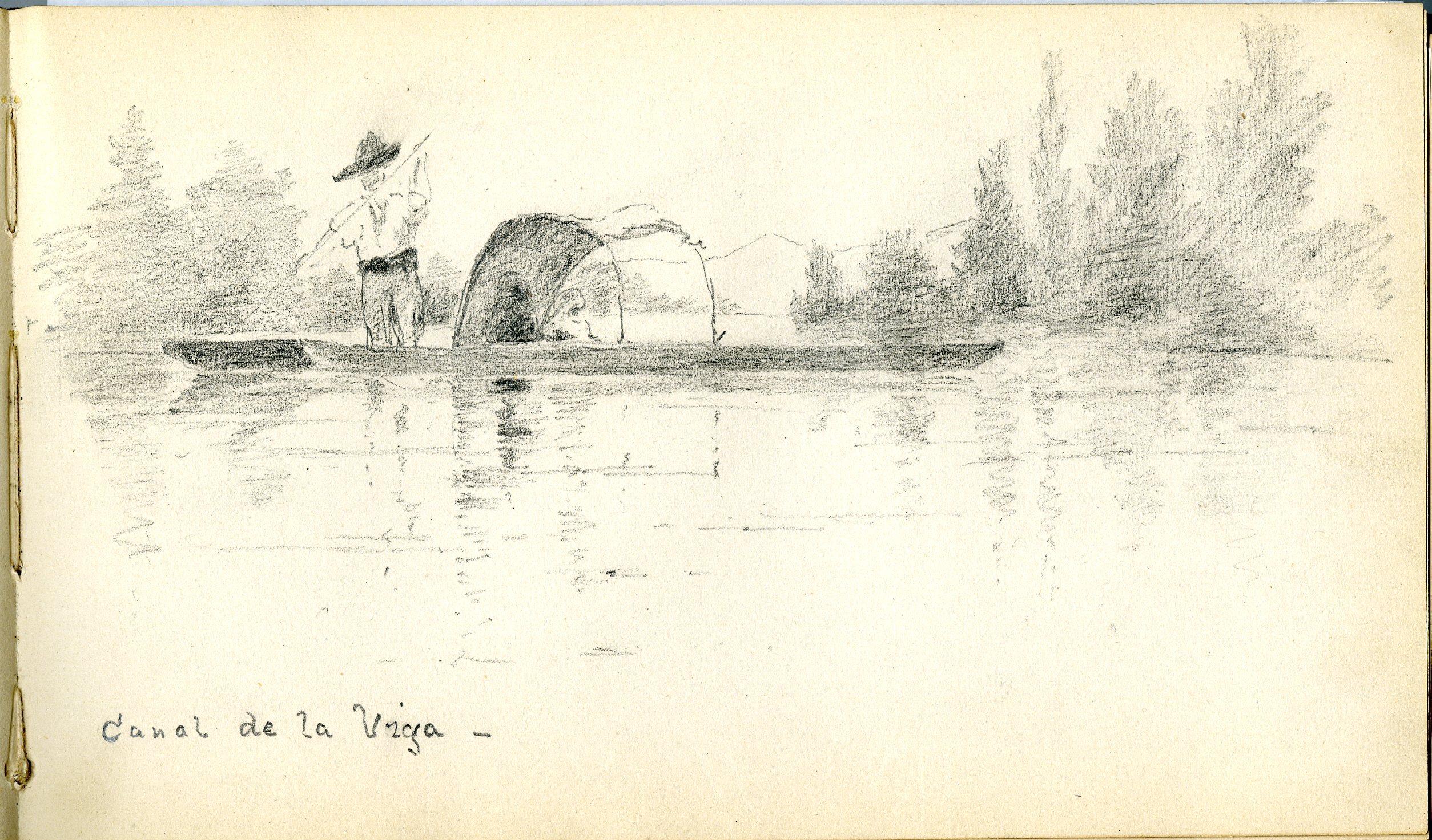 Charcoal drawing of a small boat with person sitting under arched shade, pushed by a man with a pole.