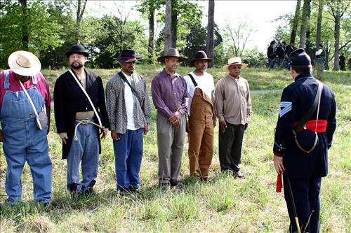 Civil War interpreters of  men training to join the U.S. Colored Troops at Stones River National Battlefield, April 2004