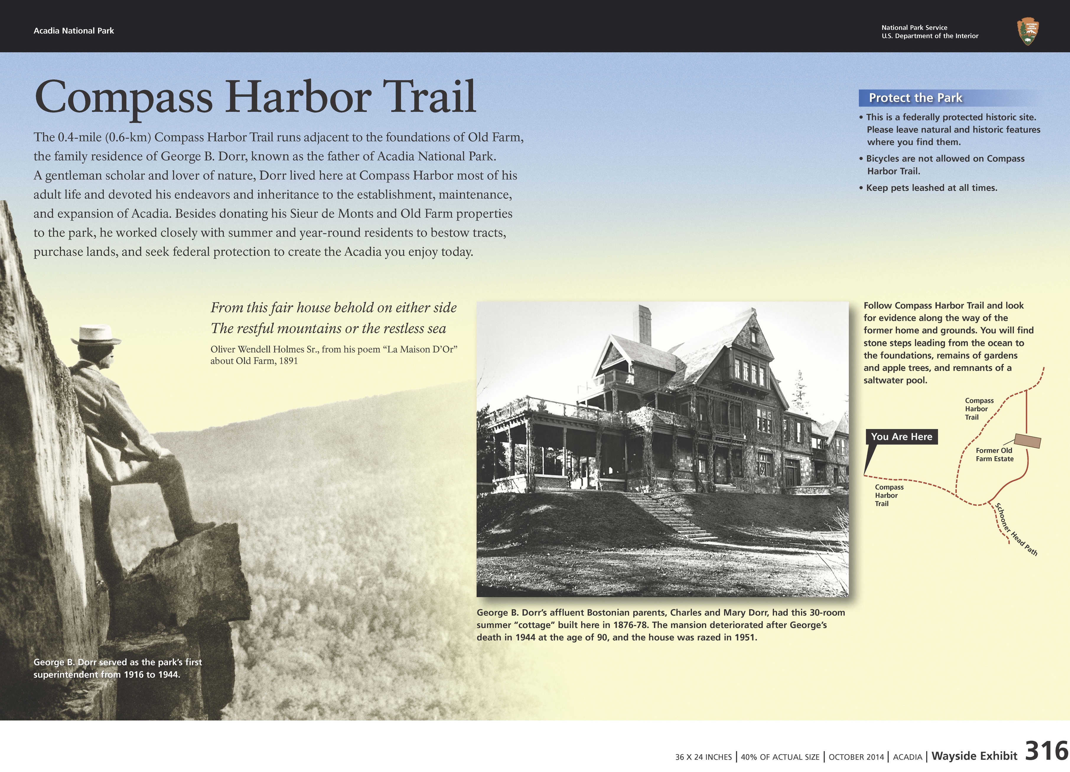 Title: Compass Harbor Trail in bold; background historic photo of man looking out from atop a granite outcropping and an inset image of a historic mansion. 