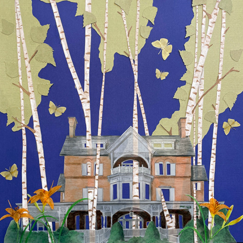 artwork depicting brick building with birch trees, orange daylilies, and butterflies