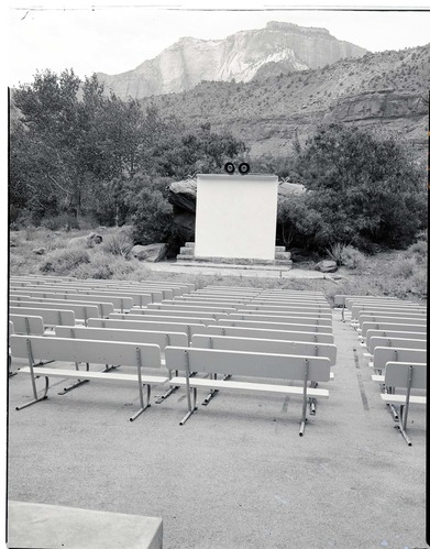 New amphitheater at South Campground, seats and screen. West Temple in the background.