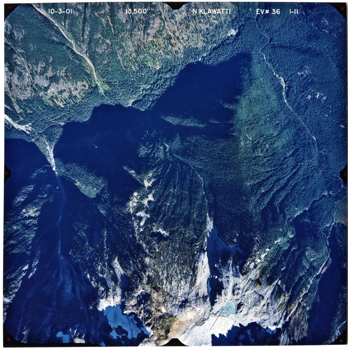 Color aerial photograph of glacier and snowfields on mountain peak, with forested valleys below peak.
