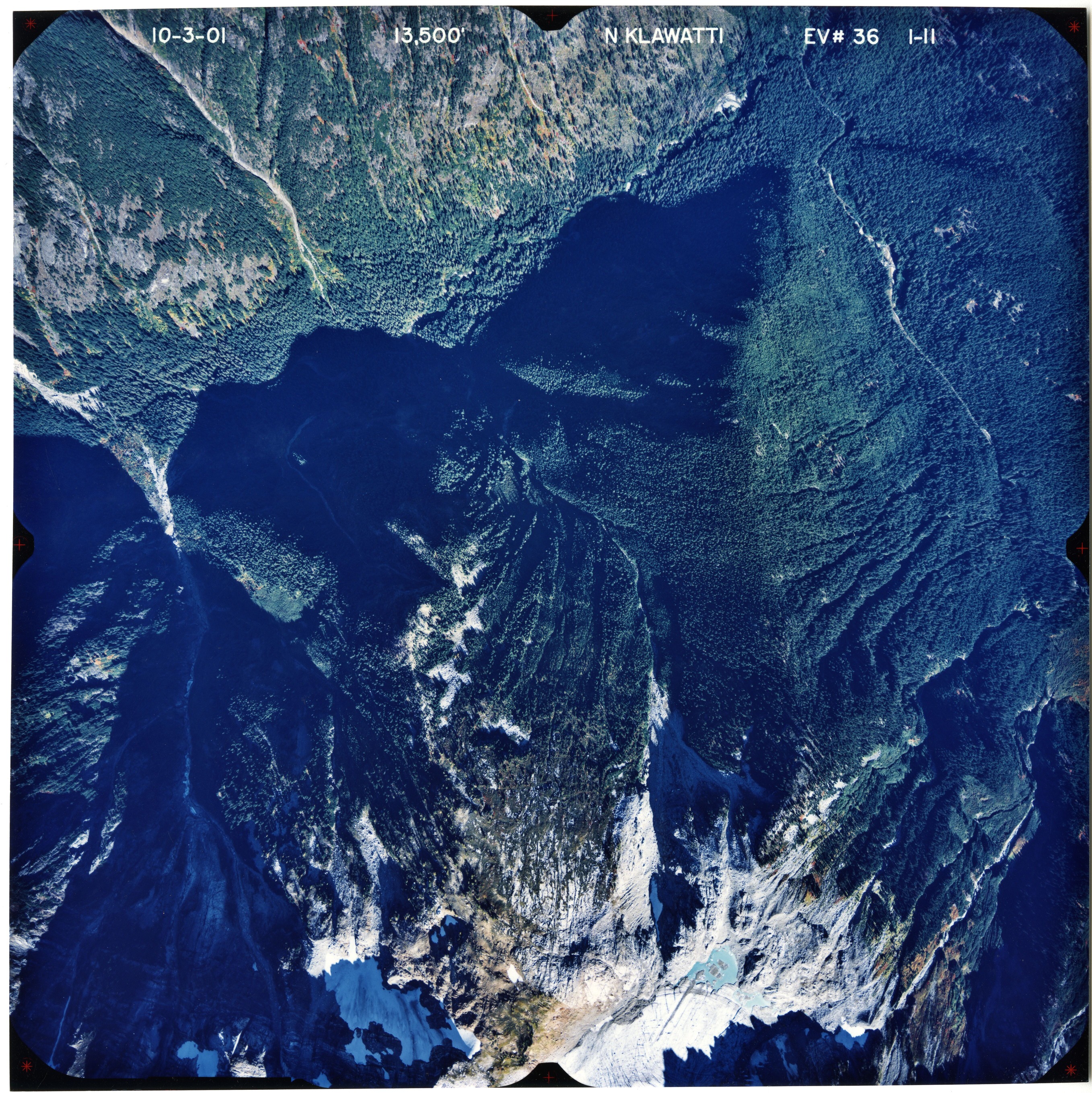 Color aerial photograph of glacier and snowfields on mountain peak, with forested valleys below peak.