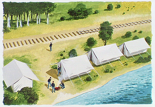 Campsite of tents along the railroad right-of-way and the banks of the Maraton River.