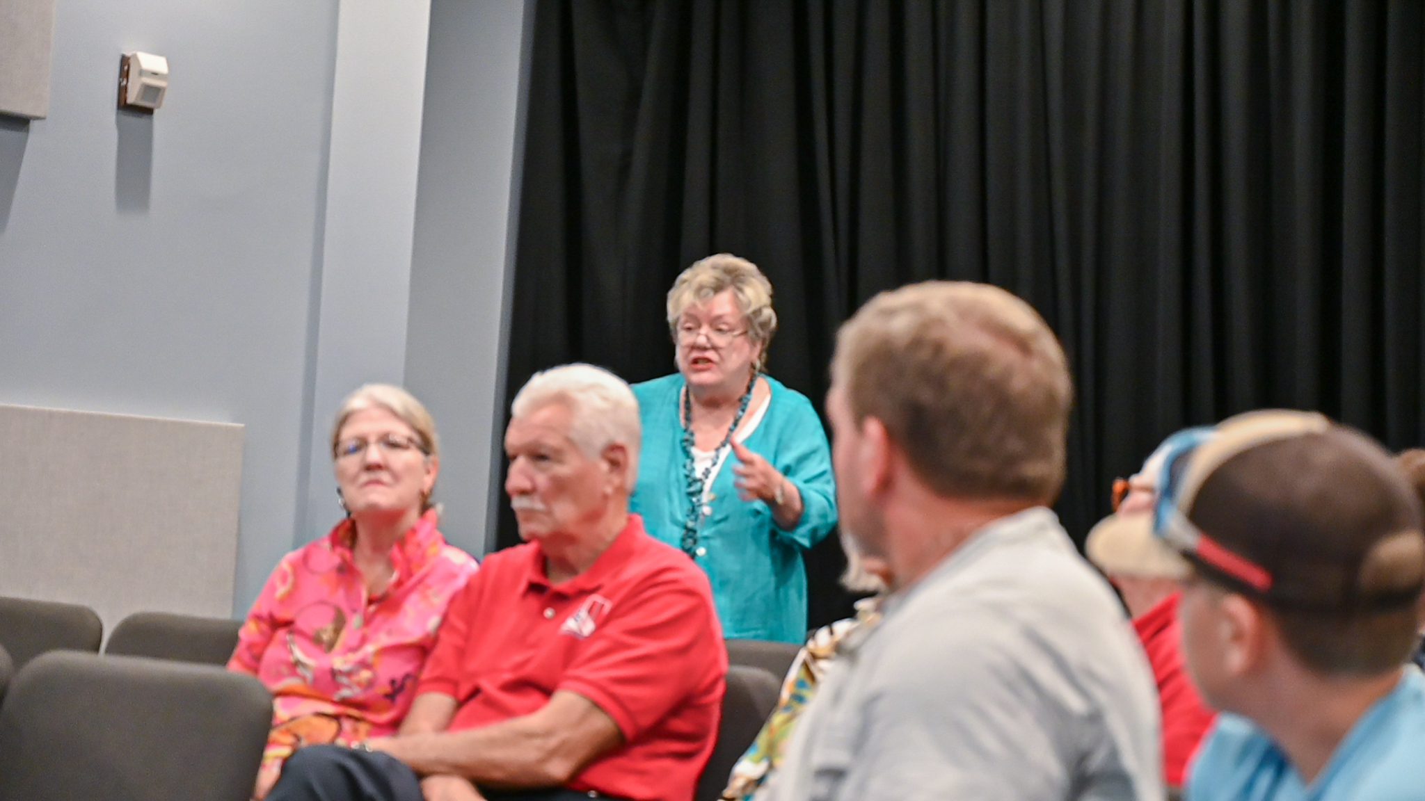Visitors listening to the panel in the theater.
