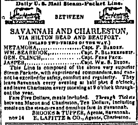 Advertisement for steamer ship from Savannah, Georgia to Charleston, South Carolina. Includes the names of ships, captains, and other information.
