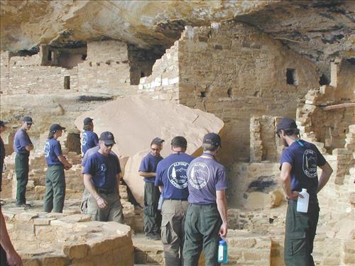 Alpine Hot Shots firefighting crew visit Mug House cliff dwelling, Mesa Verde National Park