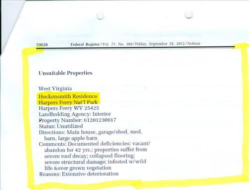 Demolition of Hockensmith residence, four structures at Harpers Ferry NHP, Lower Bolivar heights