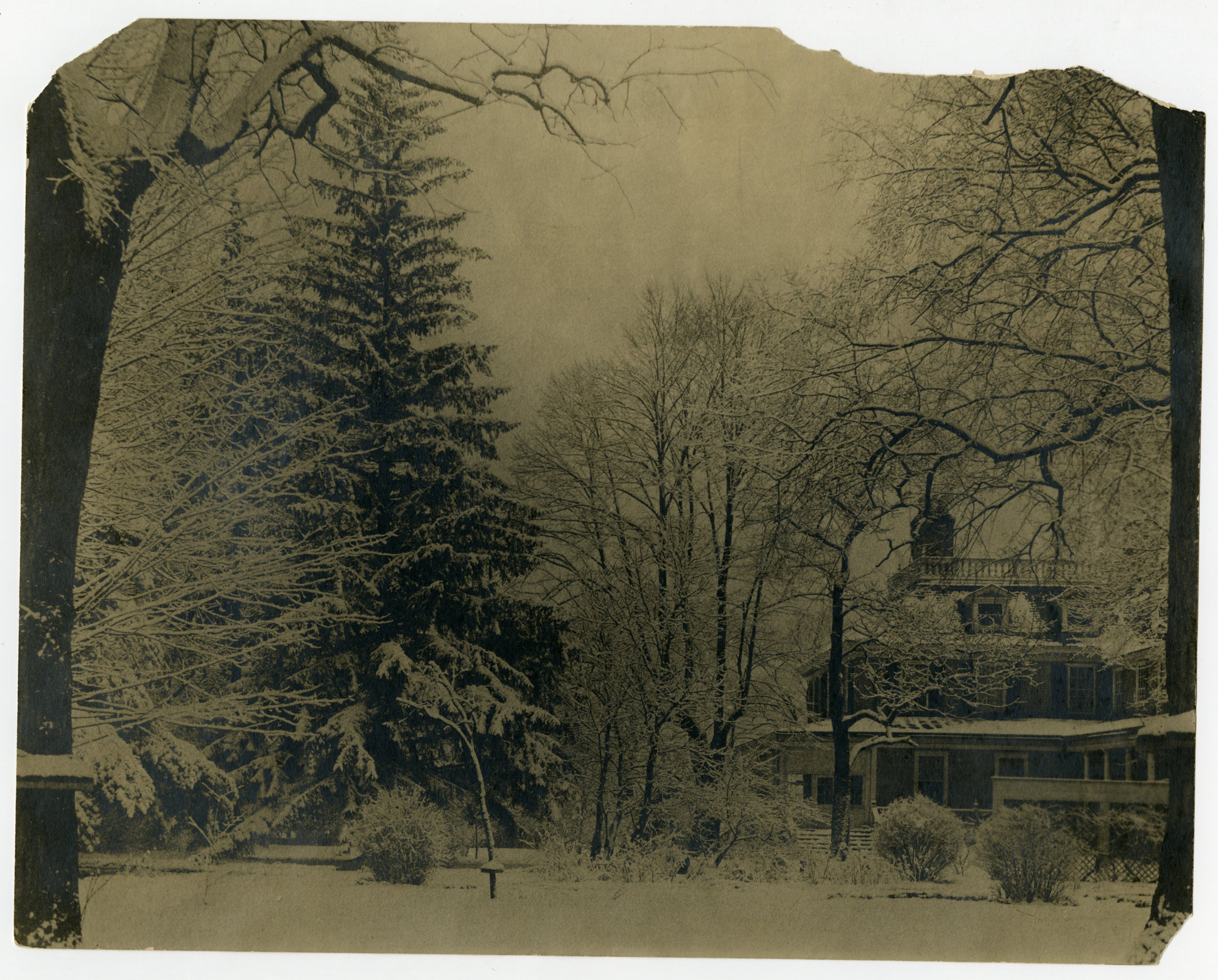 Black and white photograph of trees in snow with Georgian mansion in the background.