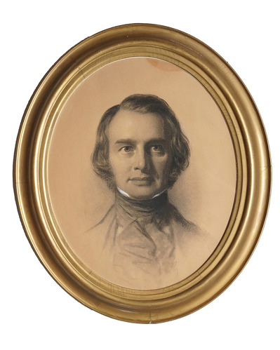 Bust-length portrait of man in charcoal, in oval gold frame