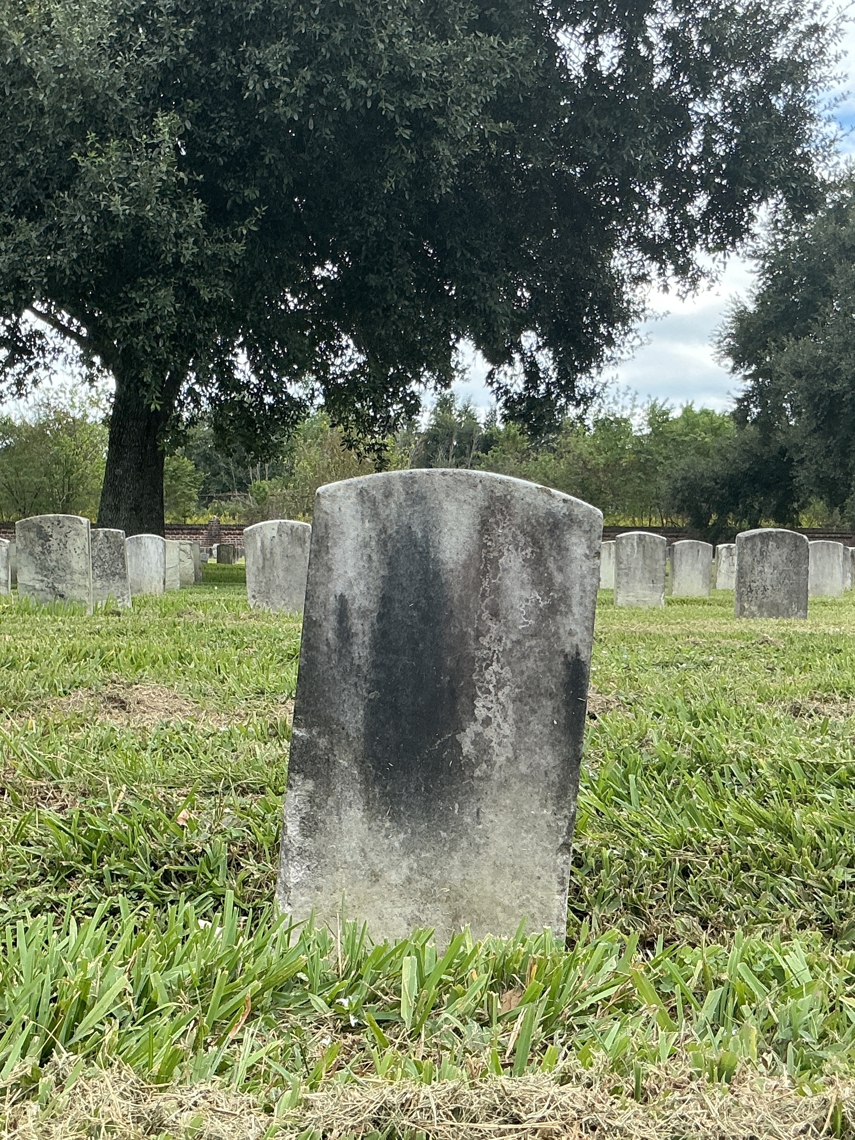 Back of historic upright marble headstone with recessed shield face.