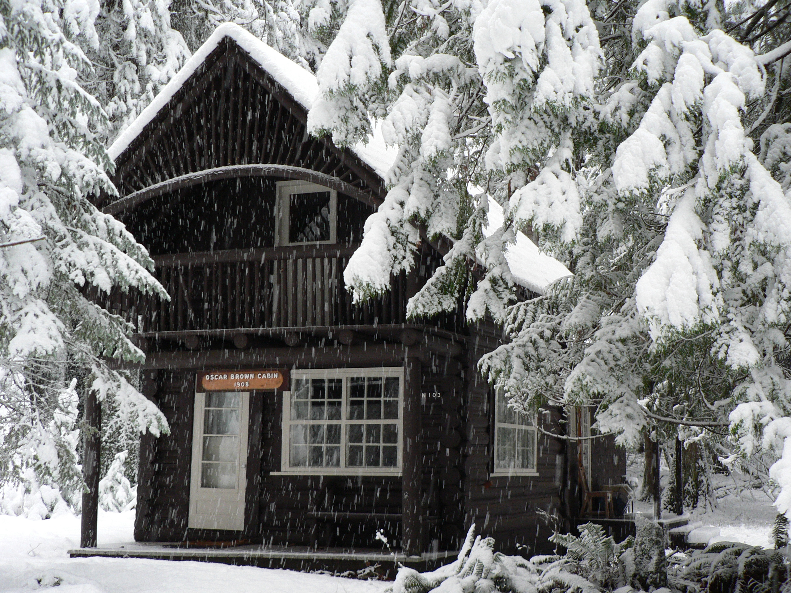 A small wood cabin with a covered porch surrounded by a snowy forest. 