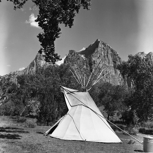 The completed tipi demonstration by Clifford Jake at the first annual Folklife Festival, September 1977 at Zion National Park Nature Center.