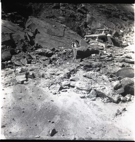 BW photo of rock slide near Echo Rock - 2.5" x 2.5".