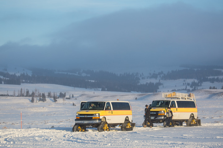 Two vans with tracks instead of wheels are parked on a snow covered road near an open field.