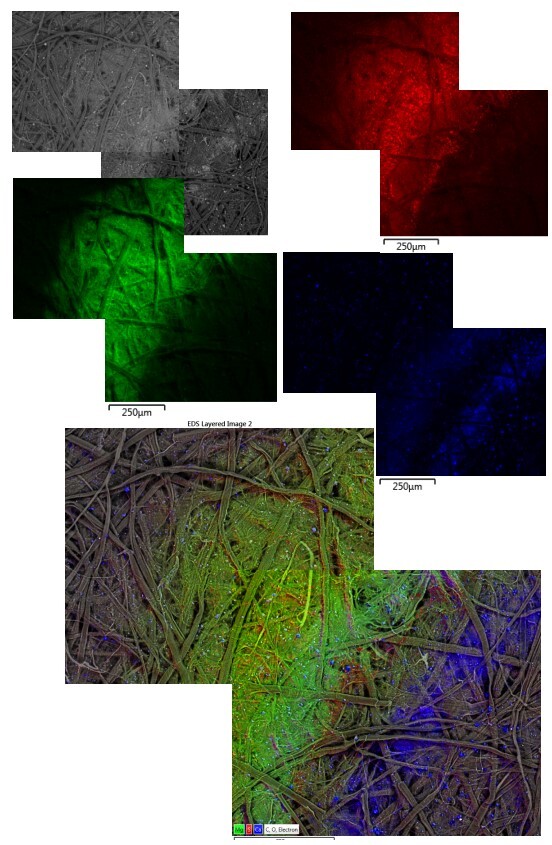 Figure 14. False color maps from tideline region on the UICB unsized paper, after 21 
days of aging. The bottom right image combines the assigned colors showing how 
different elements deposit as particles and in bands and co-locate, e.g. Mg and S.
