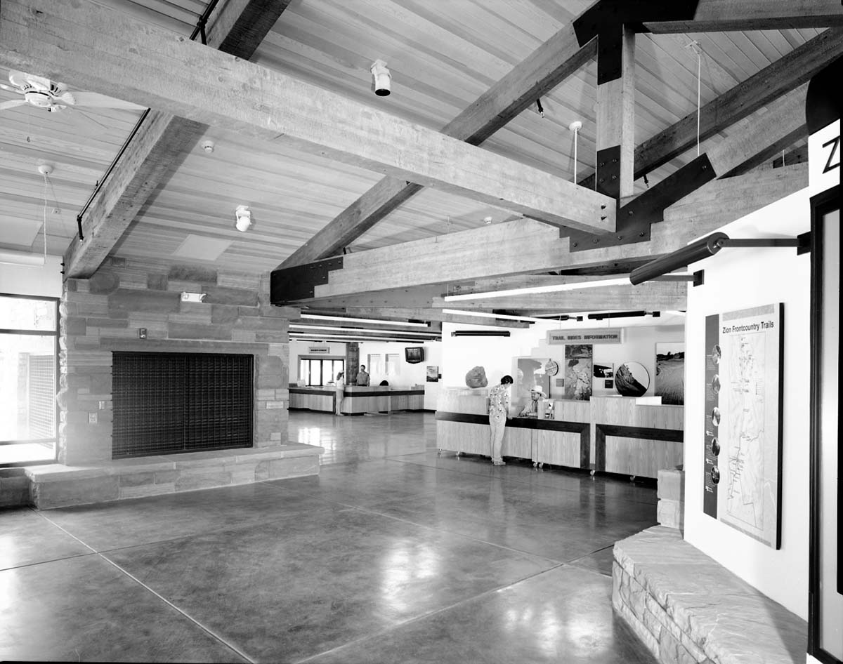 The 2000 visitor center after completion, part of the transportation project which included the shuttle buses, bus maintenance area, the new visitor center (Watchman campground, old a-loop), and new human history museum.