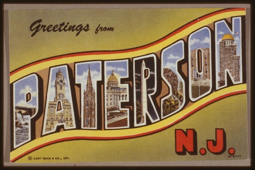 Colorful Postcard that reads: Greetings from Paterson N.J.” with buildings illustrated in each letter of "Paterson."