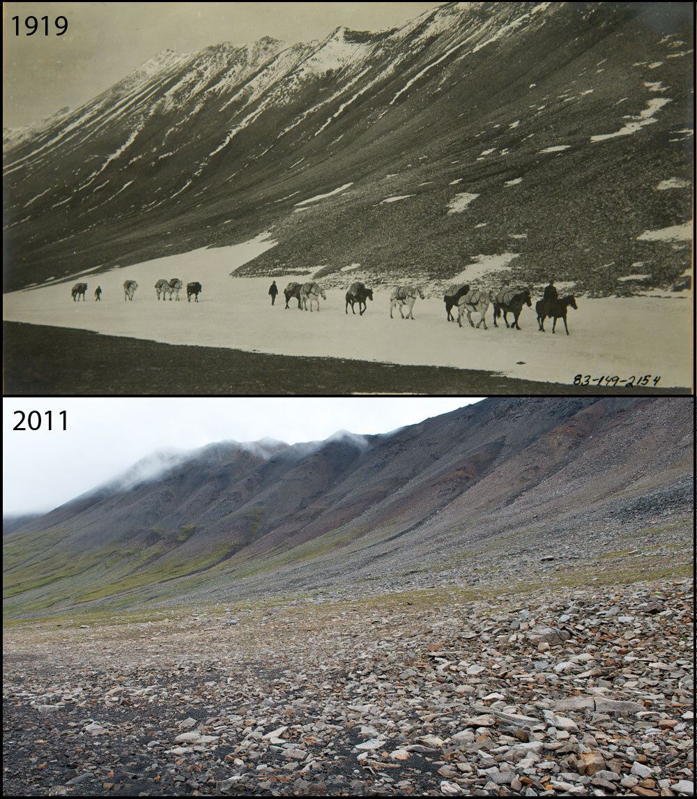 A photo pair showing No Apparent Changes at Windy Pass: 1919-2011