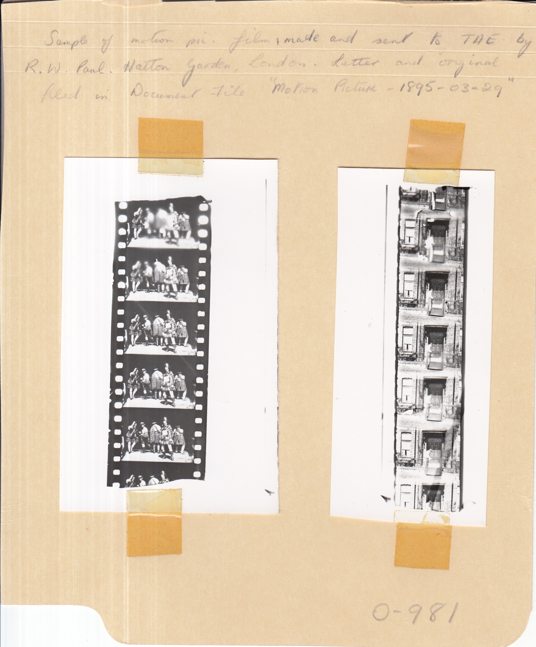 Movie frames made by R. W. Paul and sent to Thomas Edison.