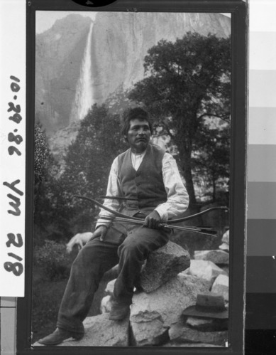 Copy Neg: October 29, 1986. Written on back of photo: Tom Hutchings / Chas. Dick's father-in-law. Runner - Interpreter for Yosemite Indians (Chief Lemee - C. H.). Live in Bull Creek. Typed on paper glued to back of photo: "He was a Mono Indian who worked for J. M. Hutchings. After Mr. Hutchings left the valley he went into the seed business gathering seed along the whole length of the coast from British Columbia down into lower California. Tom accompanied Mr. Hutchings as a packer, and would go anywhere with him. He named his daughter "Cosie" --Cosie Hutchings Mills 1/25/48.
