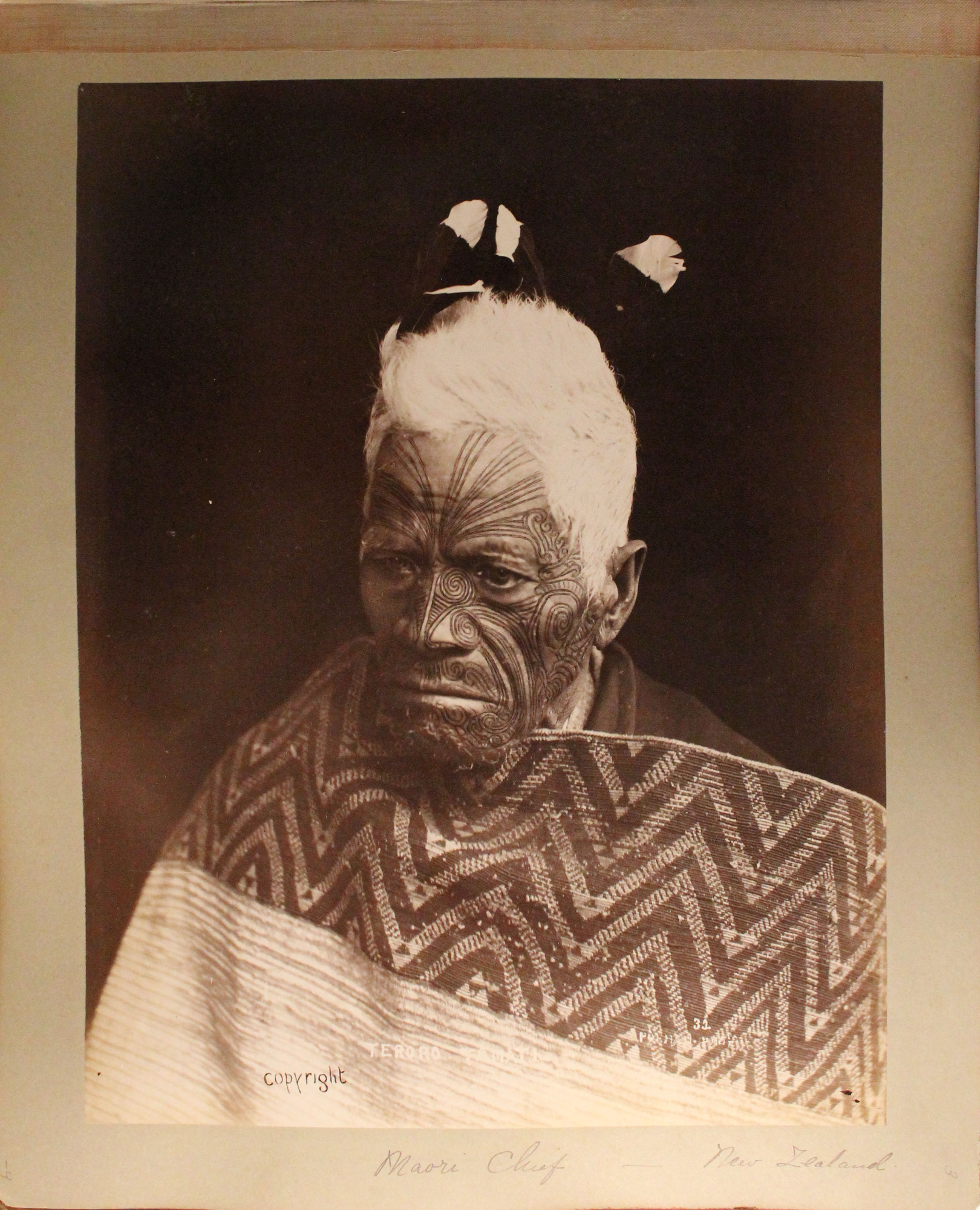 Old Maori man with traditional face tattoos, feathers in hair and stiff cloak.