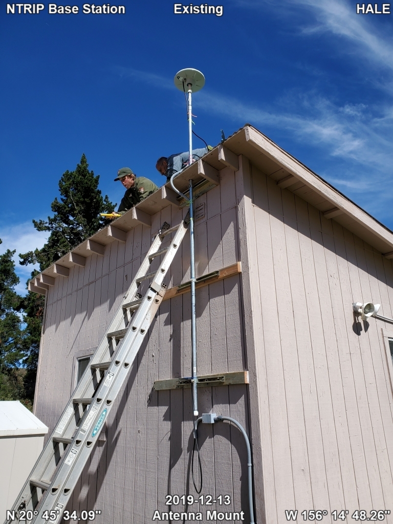 Existing NTRIP base station antenna mount at HALE on a roof. 