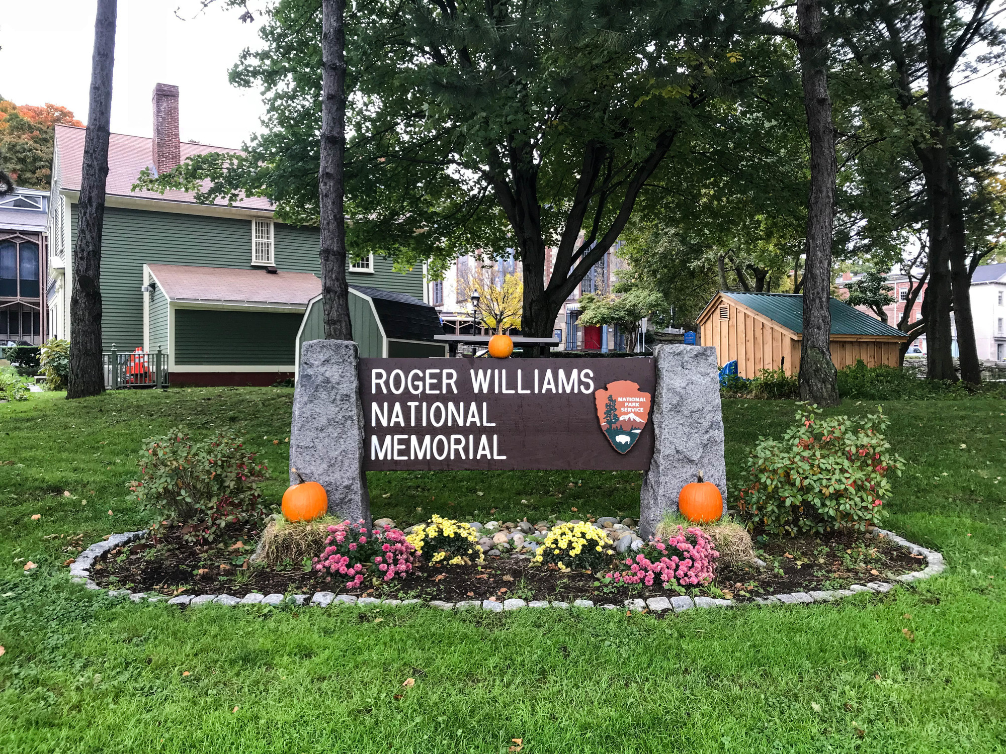 Roger Williams National Memorial NPS sign decorated with several pumpkins