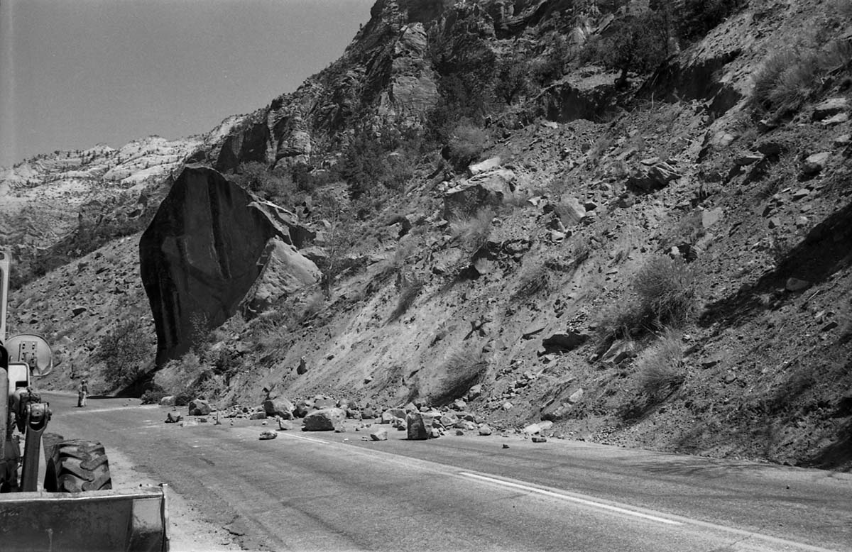 BW photo of rock slide near Echo Rock - 2.5" x 2.5".