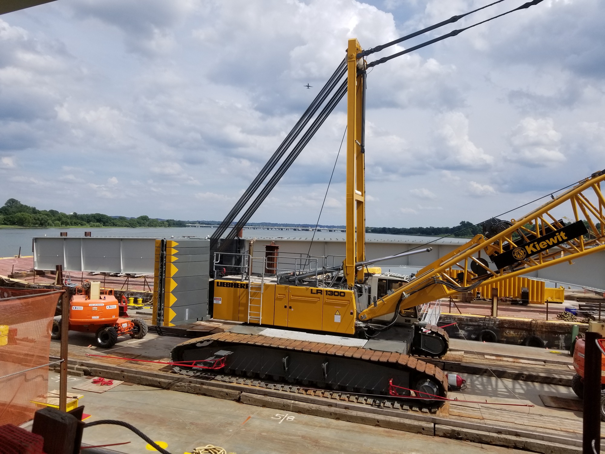 Construction equipment on and near Arlington Memorial Bridge.