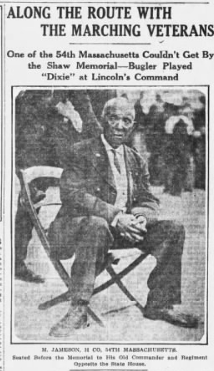 Newspaper article titled Along the Route With the Marching Veterans with a portrait of M. Jameson, veteran of the 54th Regiment sitting in front of the 54th Regiment Memorial.
