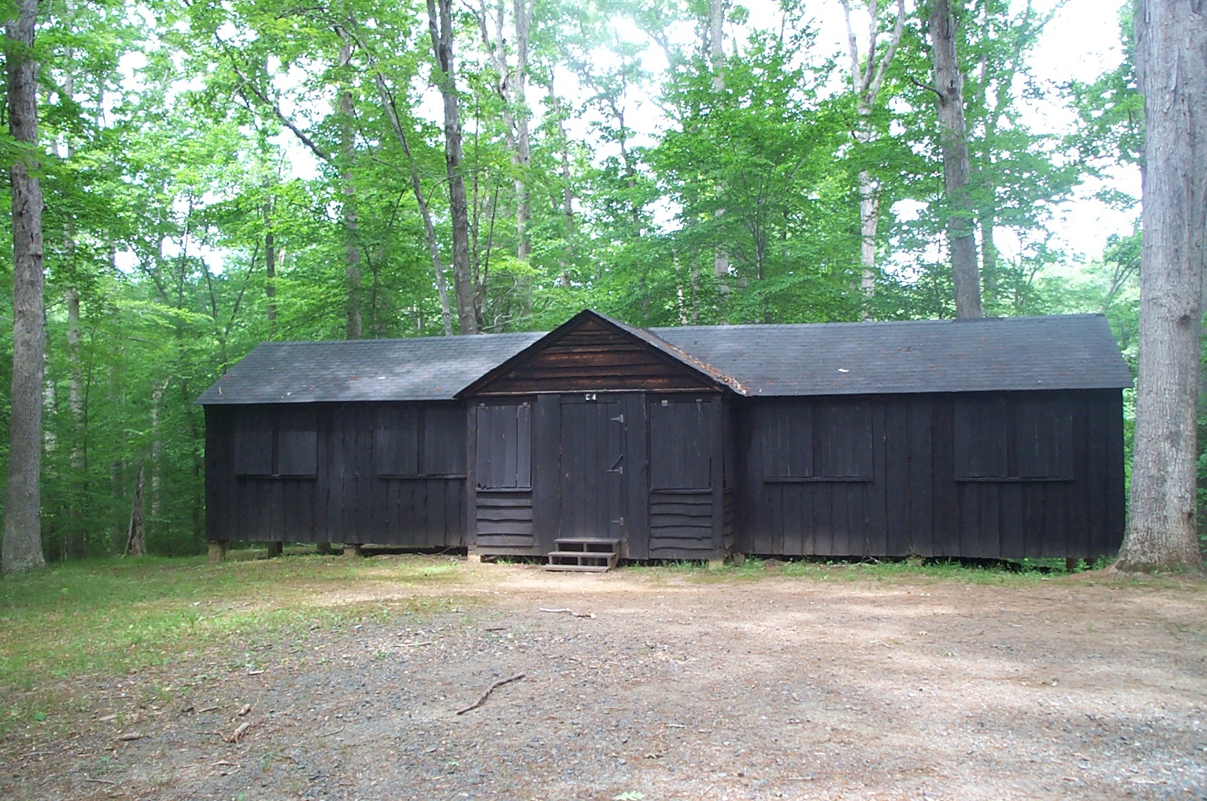 Wooden cabin building at the edge of a green forest